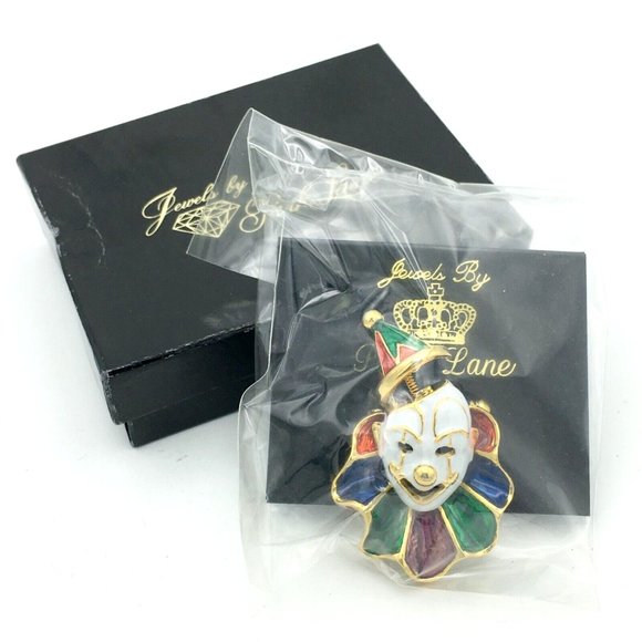 JEWELS BY PARK LANE vintage clown trembler brooch - gold & enamel pin NOS in box - Picture 2 of 7